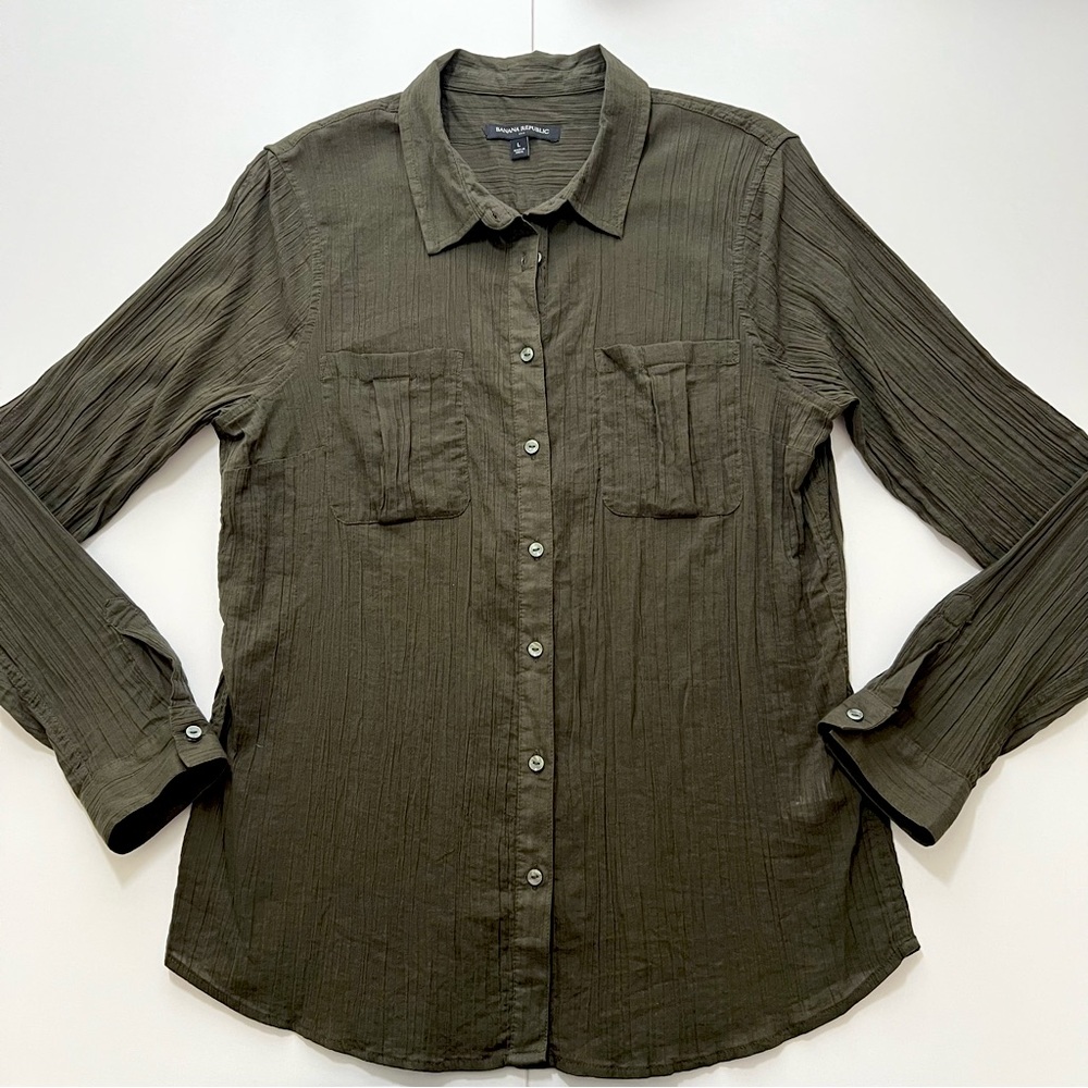 Banana Republic Army Green Button-Up Long Sleeve Cotton Gauze Shirt Size Large